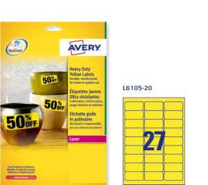 L6105-20 ETICHETTE AVERY IN POLIESTERE GIALLO - STAMPANTI LASER - MM. 63,5 X 29,6 MM - 20 FF - 540 ETIC.